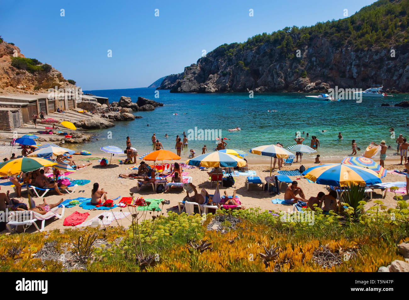 Caló d'en Serra Beach. Sant Joan de Labritja. Ibiza. Isole Baleari. Spagna. Foto Stock