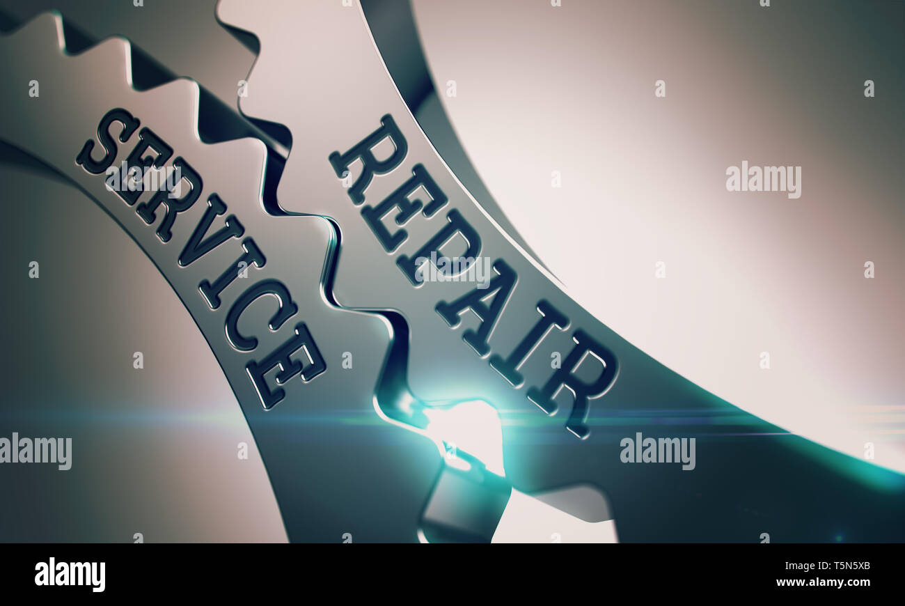 Il servizio di riparazione sul meccanismo di ruote dentate metalliche. Concetto di comunicazione nel disegno tecnico . Ruote dentate metalliche con il servizio di riparazione messaggio . 3D Ren Foto Stock