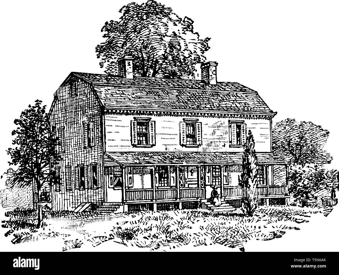Petersfield, la residenza del governatore Peter Stuyvesant,vintage disegno della linea di incisione o illustrazione. Illustrazione Vettoriale