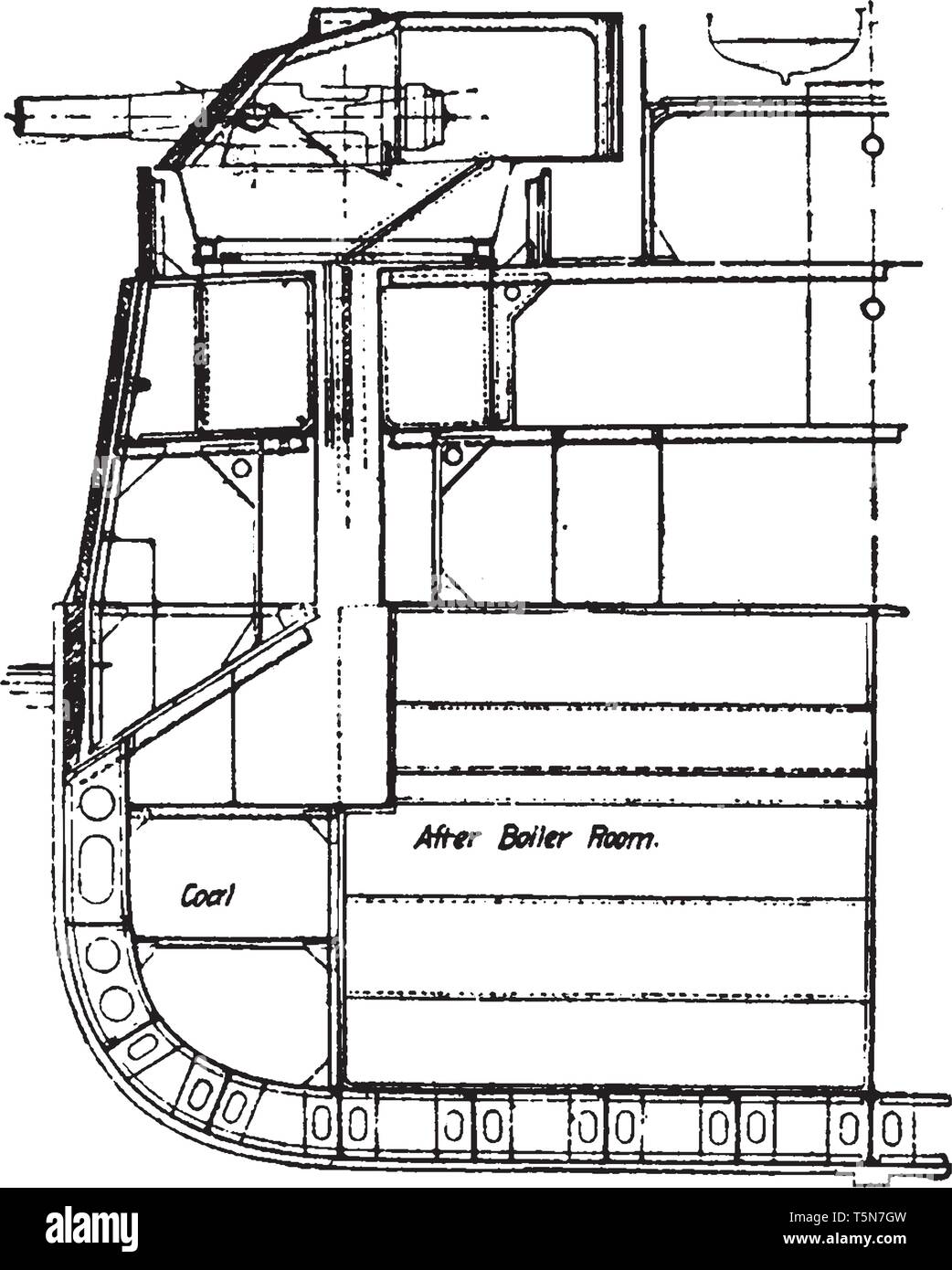 Sezione di metà di una corazzata utilizzata durante la seconda metà della II Guerra Mondiale, vintage disegno della linea di incisione o illustrazione. Illustrazione Vettoriale