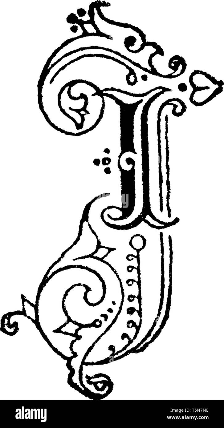 Una decorativa lettera che ho con foglie e vigne, vintage disegno della linea di incisione o illustrazione Illustrazione Vettoriale