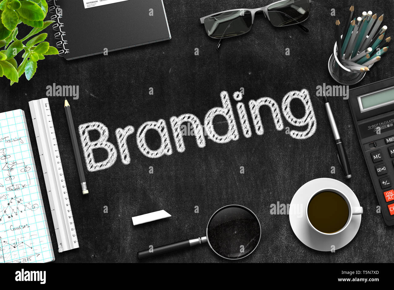 Vista superiore della scrivania da ufficio con materiale di cancelleria e lavagna nera con il concetto di Business - Branding. Il Rendering 3d. Foto Stock