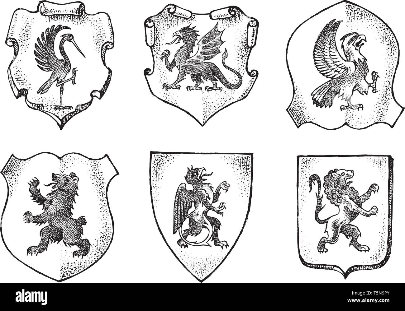 bandiere medievali - 6 Araldica in stile vintage. Inciso lo stemma con animali, uccelli, creature mitiche, pesce. Emblemi medievale e il logo del regno fantasy Immagine e Vettoriale - Alamy