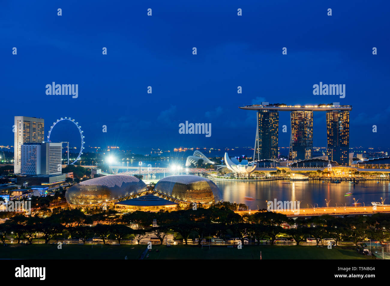 Vista aerea di Singapore il quartiere degli affari e città in notturna a Singapore, in Asia. Foto Stock