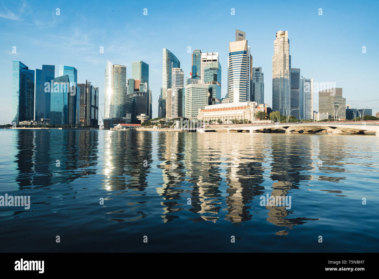 Singapore al quartiere degli affari e dello skyline di grattacieli in mattinata a Marina Bay, Singapore. Foto Stock