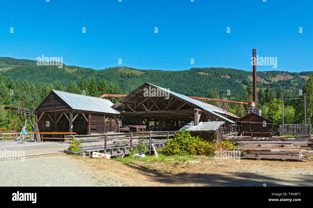 Canada, British Columbia, Port Alberni, McLean Mill National Historic Site, vapore-azionato segheria, legname deck Foto Stock
