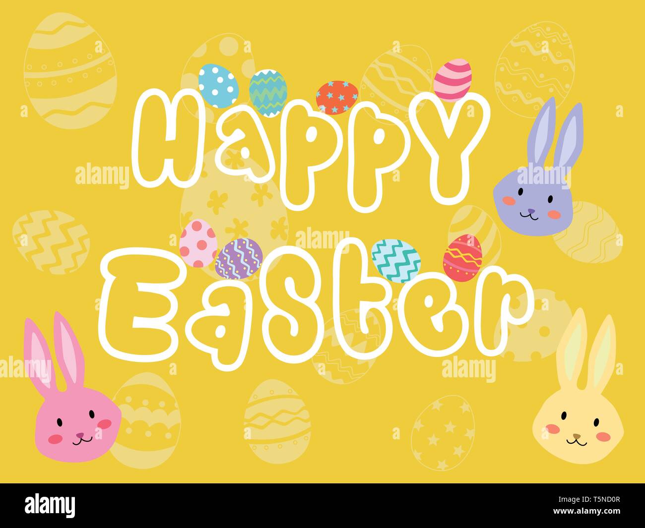 Felice Pasqua holiday card con silhouette di uova di Pasqua e la testa di coniglio su sfondo giallo. Illustrazione Vettoriale