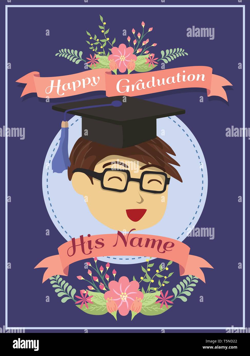 Felice di graduazione della scheda Messaggi di saluto uomo boy utilizzando mortaio di bordo su sfondo blu. Illustrazione Vettoriale