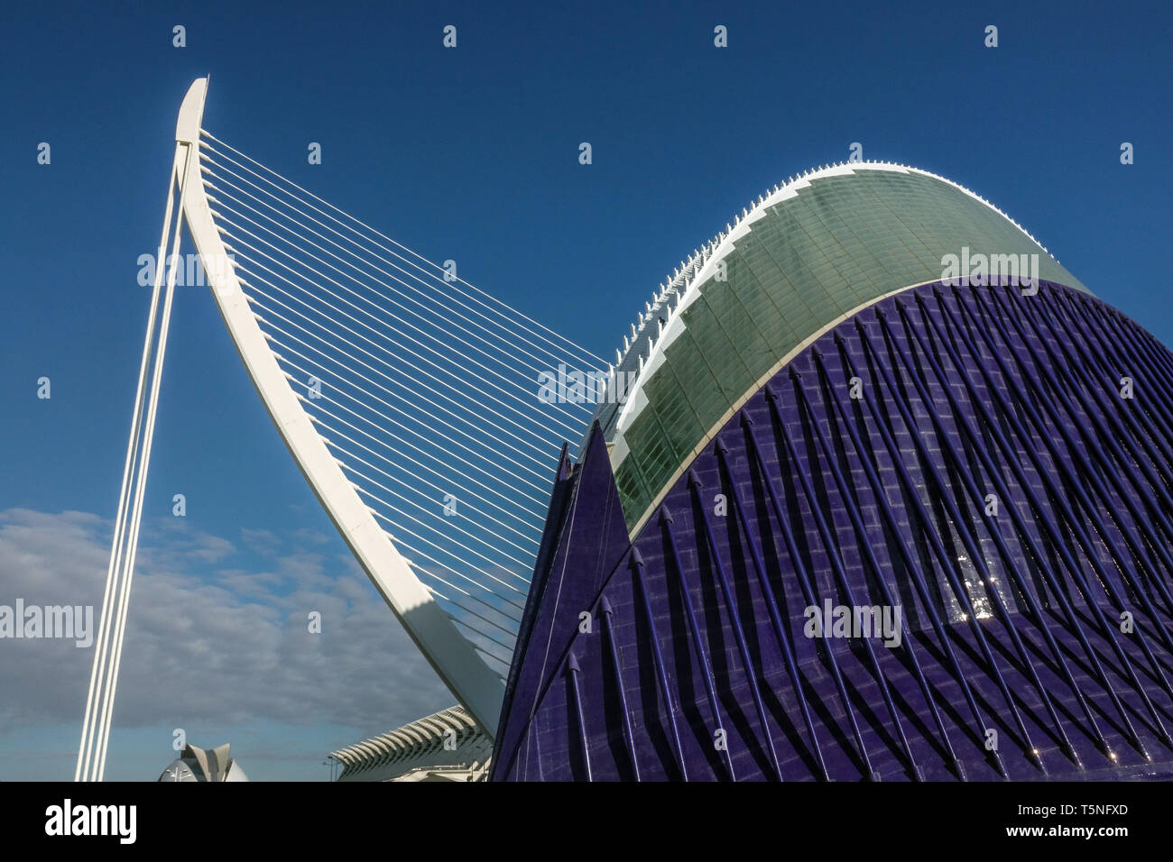Valencia Spagna architettura moderna di Calatrava, edifici contemporanei Agora, Ponte Puente de l'Assut de l'Or Valencia Città delle Arti e delle Scienze cielo Foto Stock