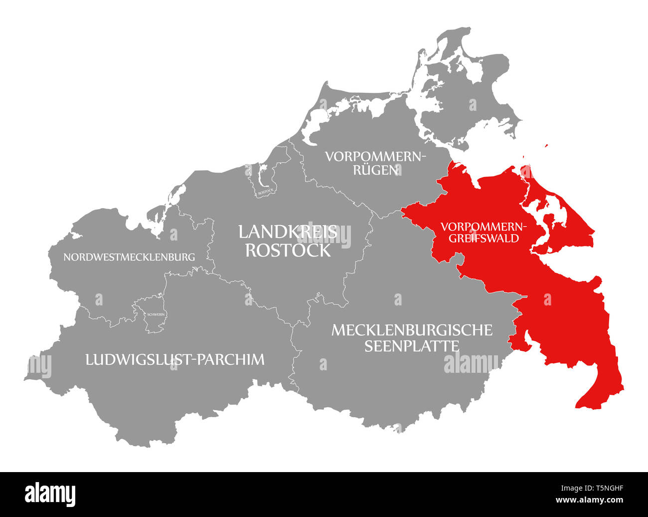 La contea di Vorpommern-Greifswald evidenziata in rosso nella mappa di Pomerania Occidentale Germania Foto Stock
