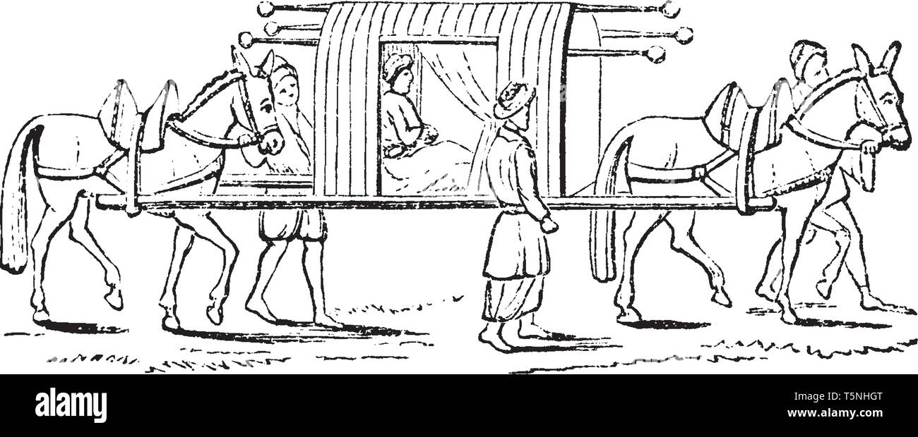 Per lettiera coperta il trasporto rappresenta una portantina, vintage disegno della linea di incisione o illustrazione. Illustrazione Vettoriale