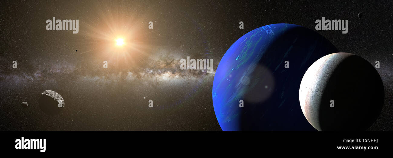 Pianeta Nettuno con il suo luna Triton e alcune altre lune Foto Stock
