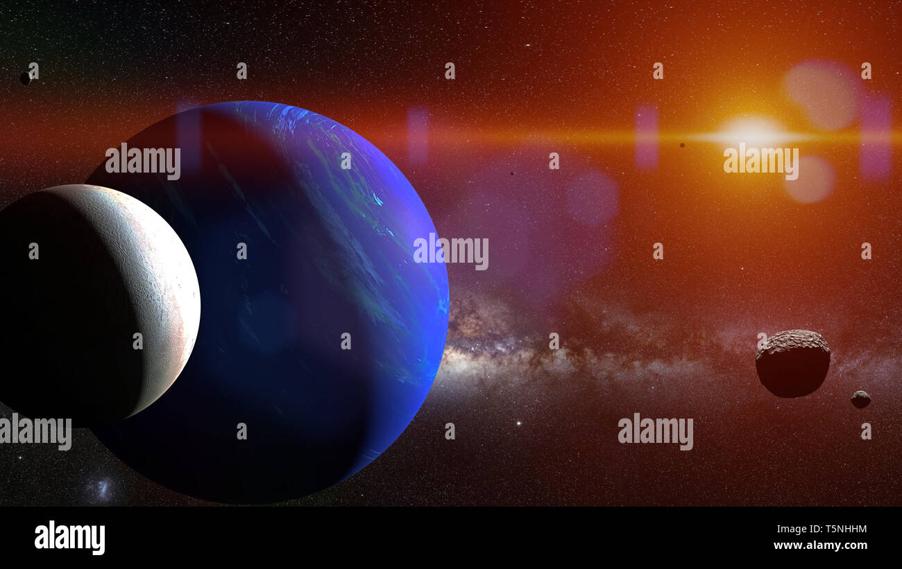 Pianeta Nettuno con il suo luna Triton e alcune altre lune illuminate dal sole Foto Stock
