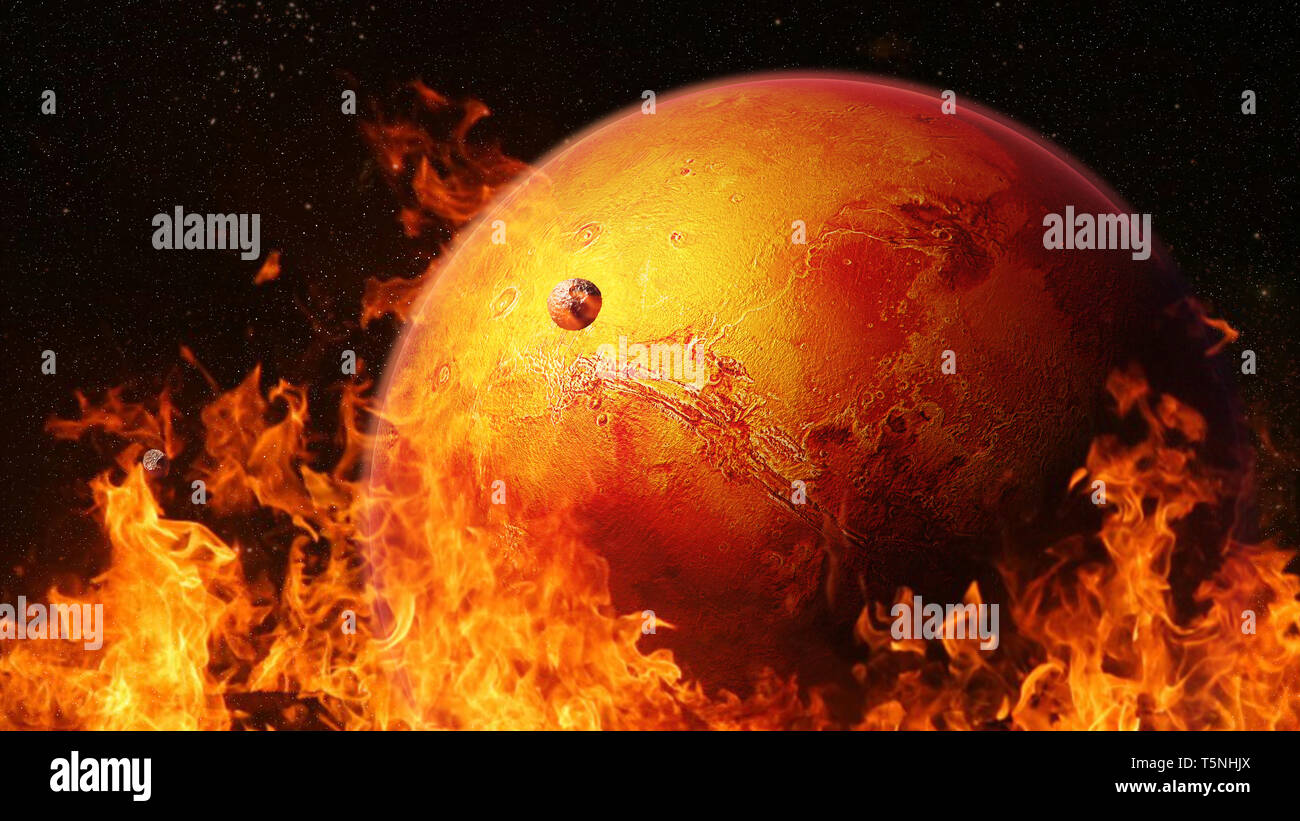 Hot pianeta Marte con lune Phobos e Deimos, pianeta rosso circondati dalle fiamme Foto Stock