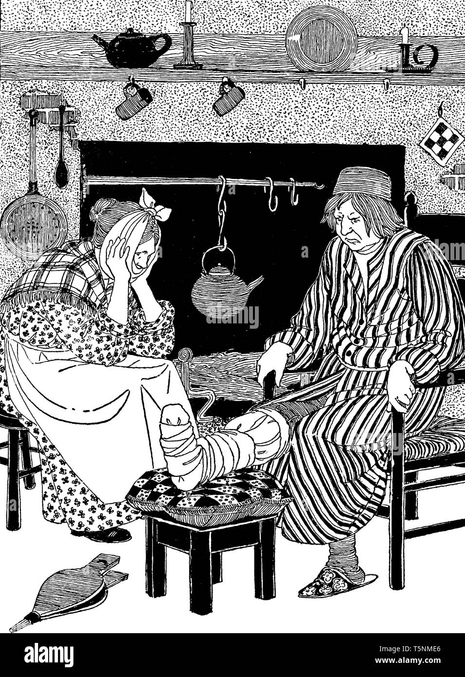 Un uomo con la gamba ferita e donna seduta su sedie vicino al caminetto, bollitore mantenuto sul fuoco, vintage disegno della linea di incisione o illustrazione Illustrazione Vettoriale