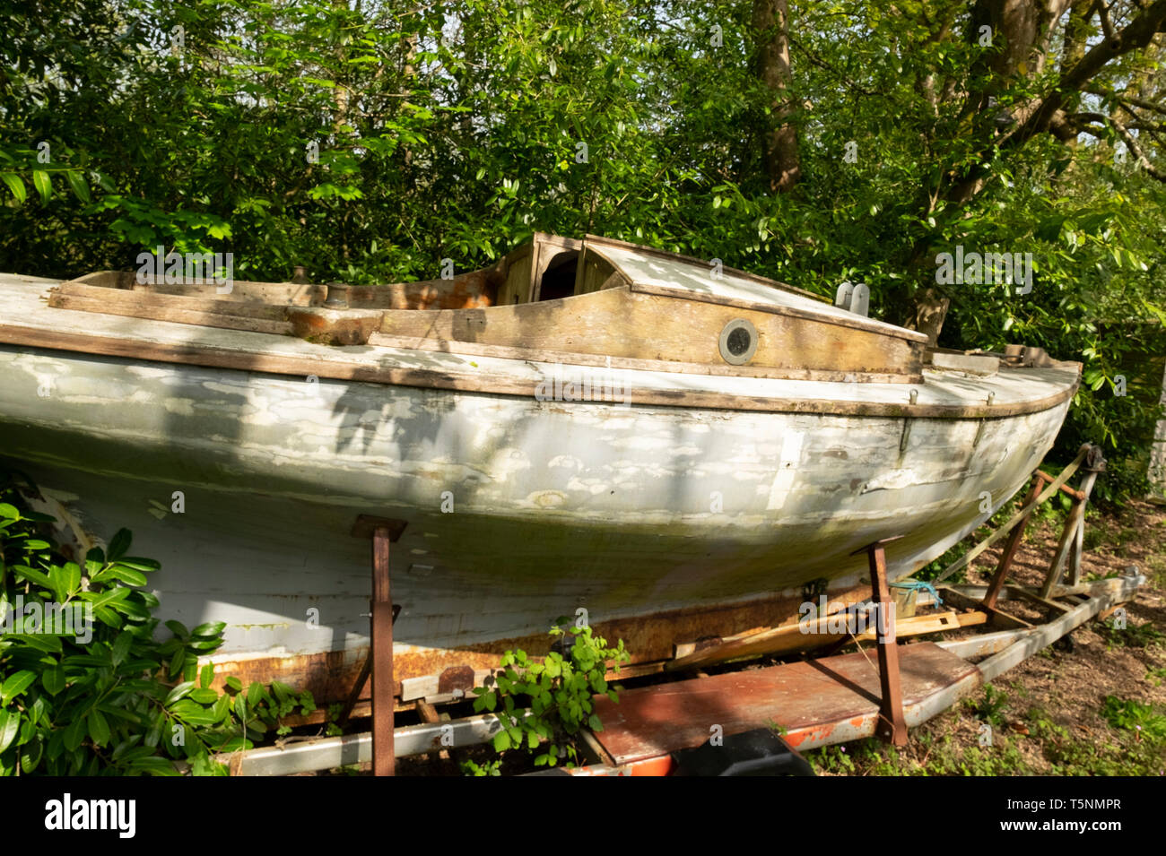 Vecchio weathered ricoperta di barca in un giardino, Cornwall, Inghilterra Foto Stock