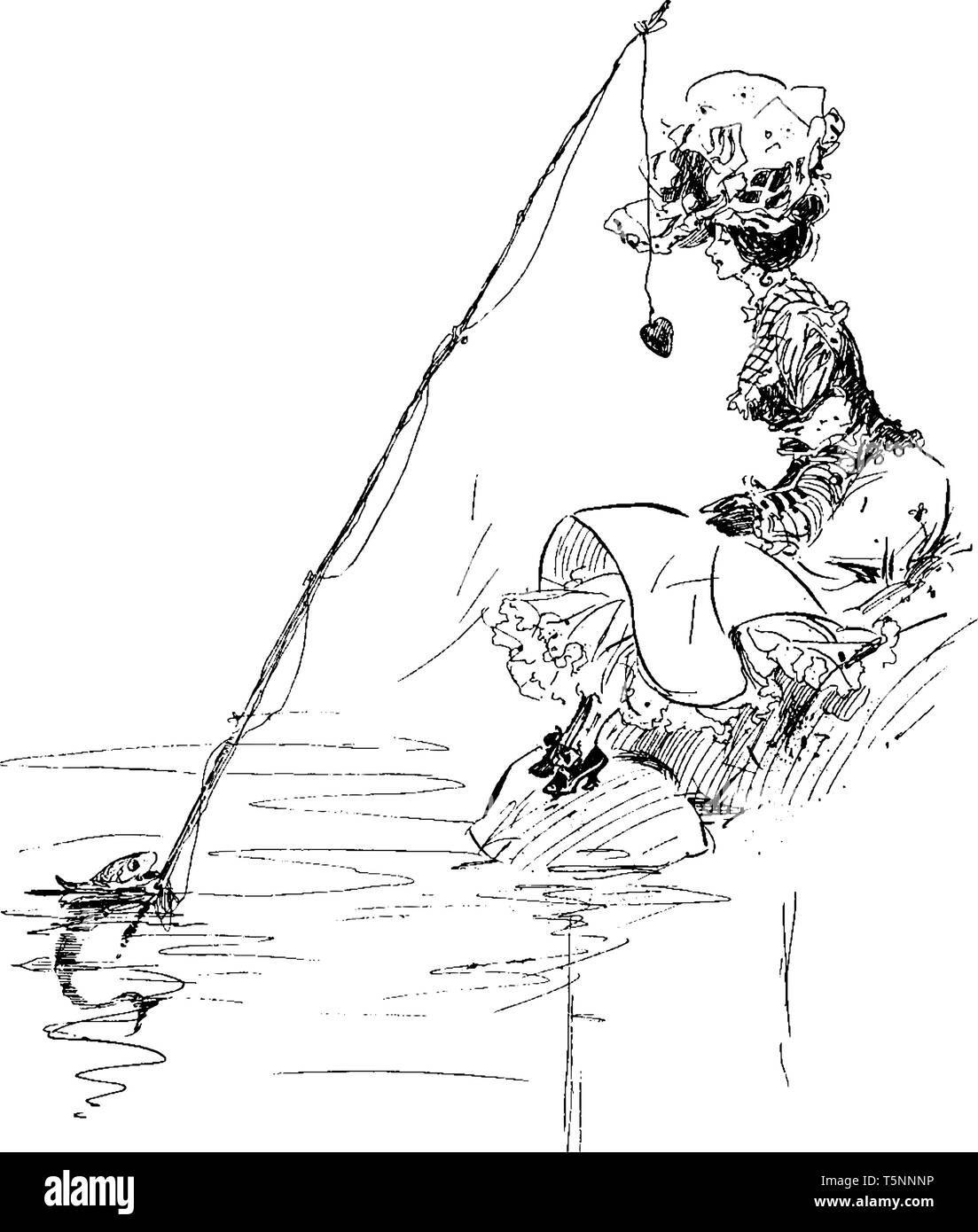 Una pesca di pesce per una donna con un cuore come esche, vintage disegno della linea di incisione o illustrazione Illustrazione Vettoriale