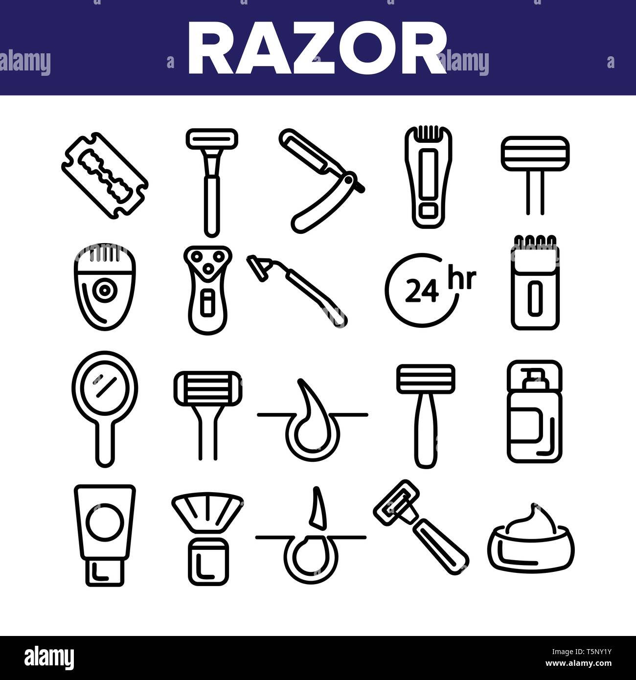 Rasoio, accessori per la rasatura vettore lineare set di icone Illustrazione Vettoriale
