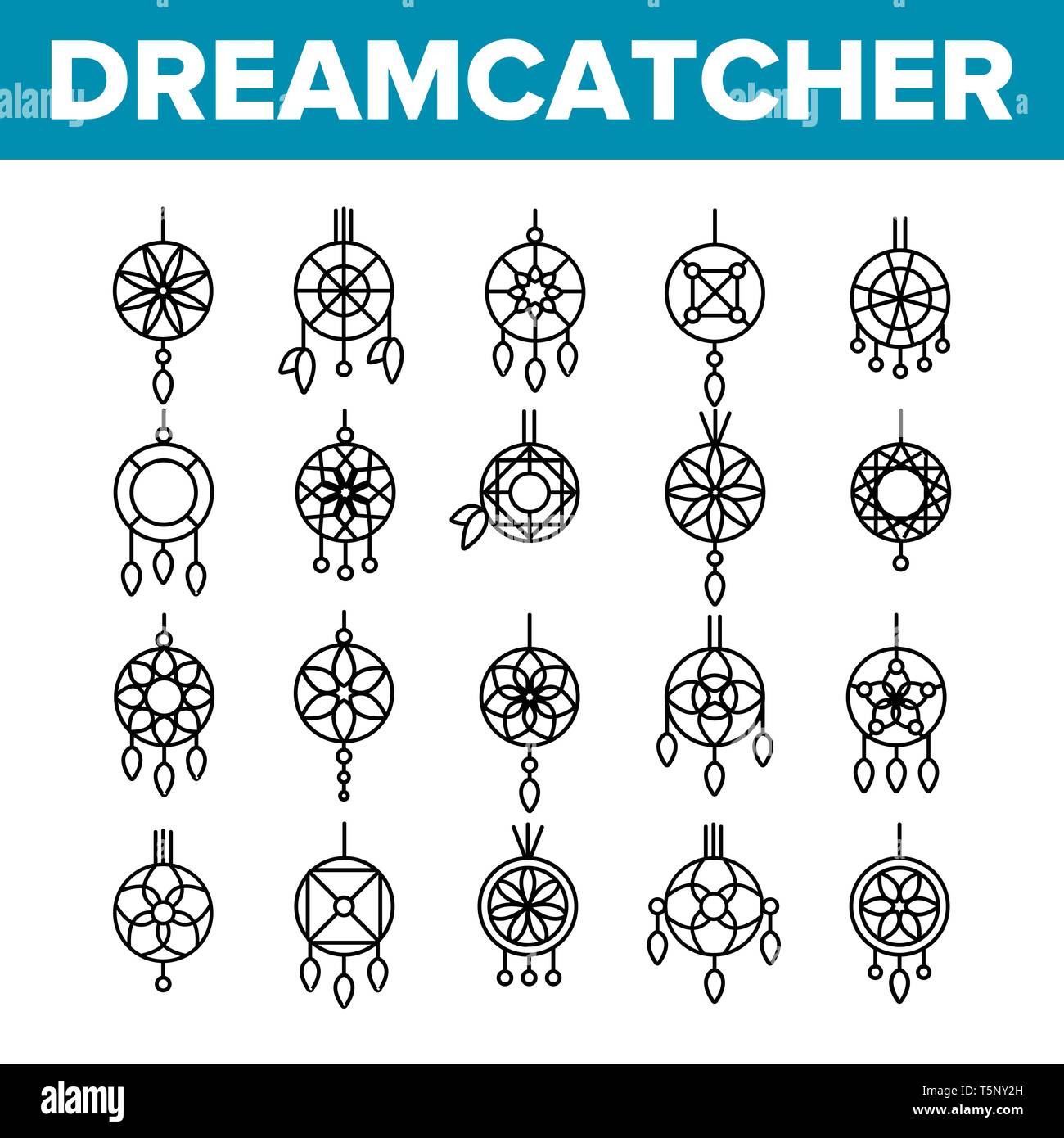 Dreamcatcher, Amulet vettore di linea sottile set di icone Illustrazione Vettoriale