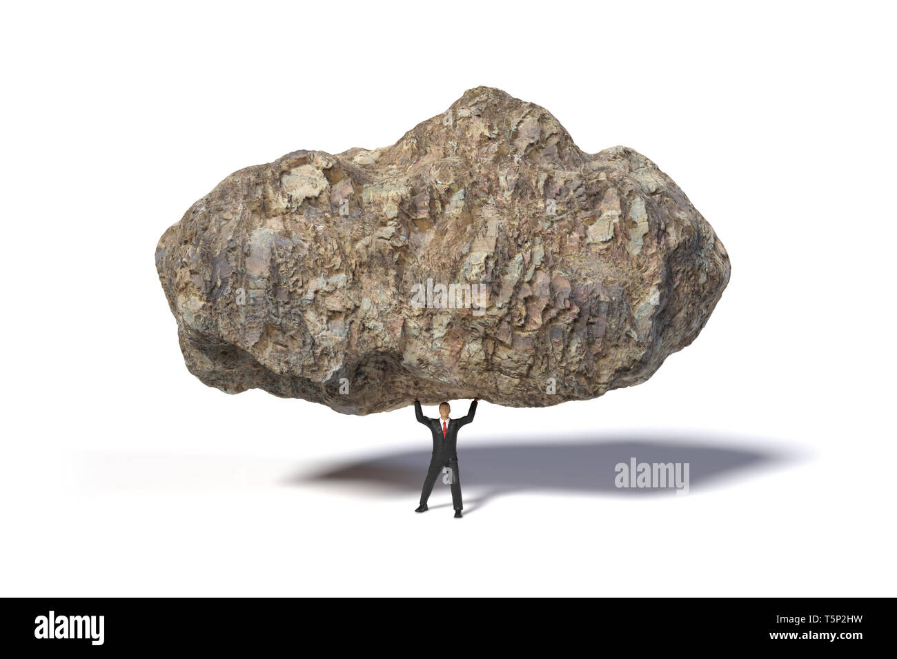 Giocattolo imprenditore in miniatura figura il sollevamento di un enorme e pietra pesante, concetto isolato su sfondo bianco Foto Stock