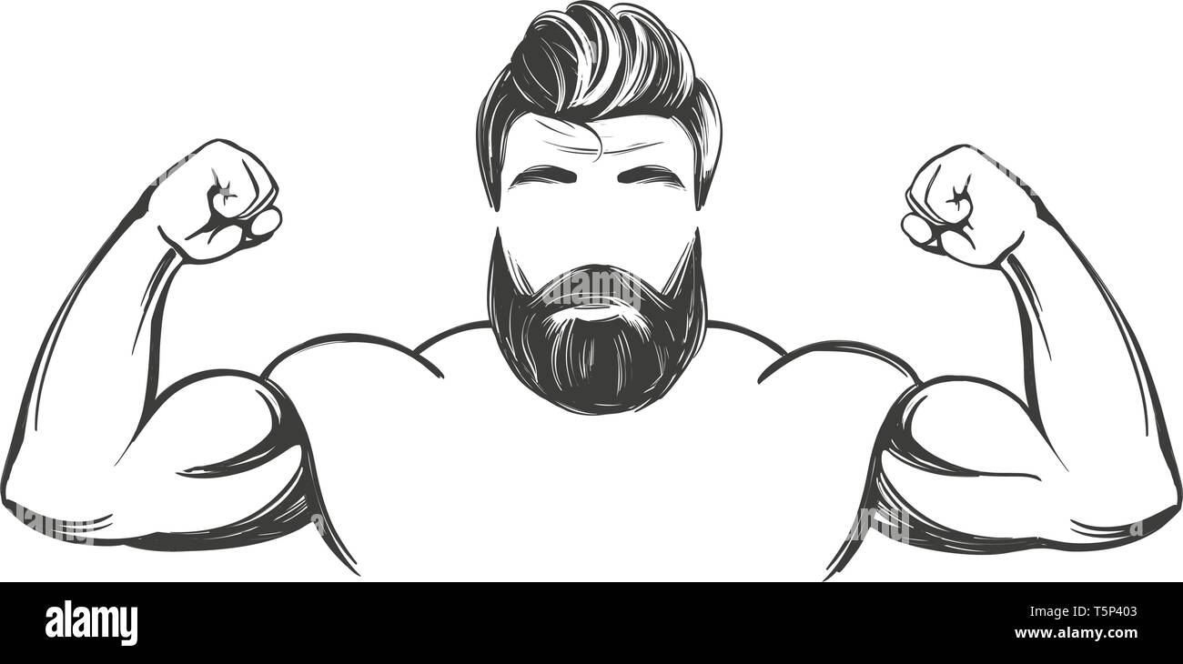 Braccio, bicipite, forte uomo barbuto disegnati a mano illustrazione vettoriale disegno realistico Illustrazione Vettoriale