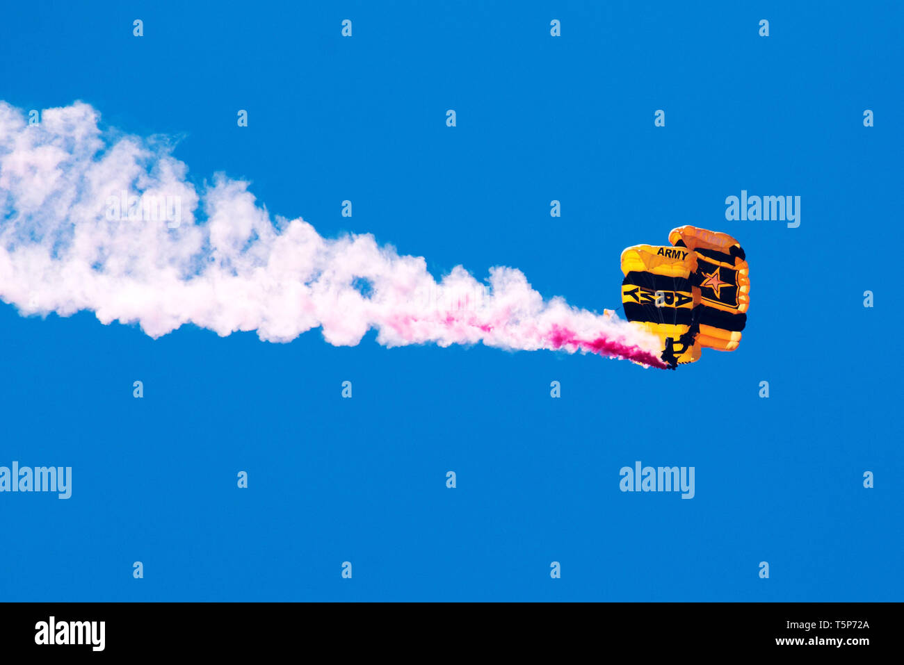 Wantagh, NY, Stati Uniti - 26 Maggio 2017: US Army paracadutisti con una traccia di fumo colorato apre la pratica mostra per l'air show che era a b Foto Stock
