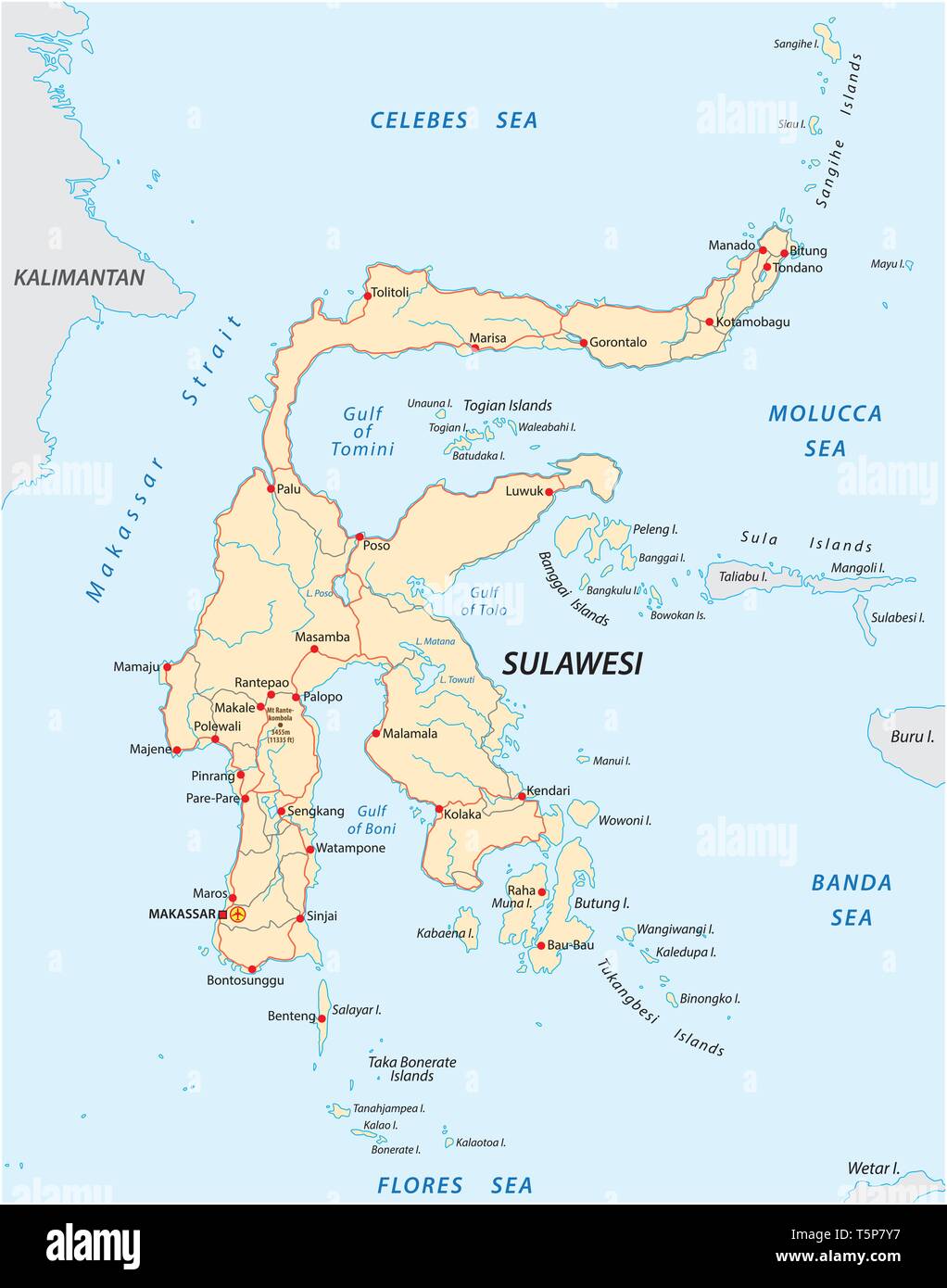 Vector strade mappa di isola indonesiana di sulawesi Illustrazione Vettoriale