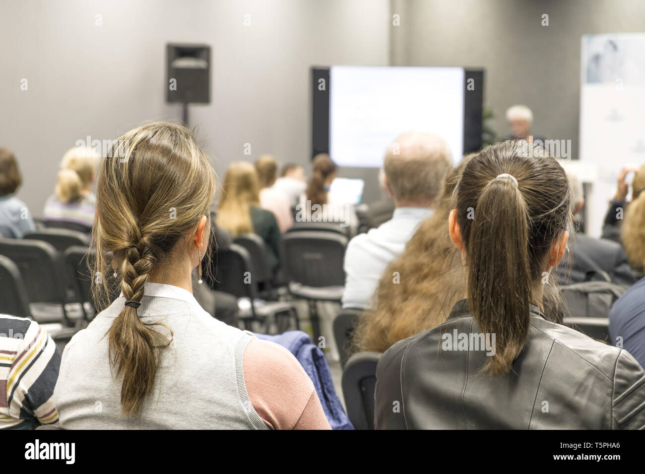 Donna d'affari e persone in ascolto sulla conferenza. L'immagine orizzontale con copia spazio. Foto Stock