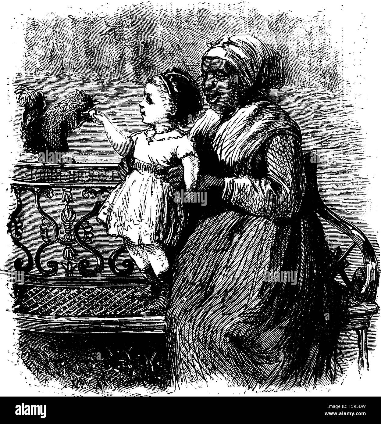 Una donna seduta sul banco di lavoro e trattenere il bambino in mani, bambino guardando lo scoiattolo, vintage disegno della linea di incisione o illustrazione Illustrazione Vettoriale