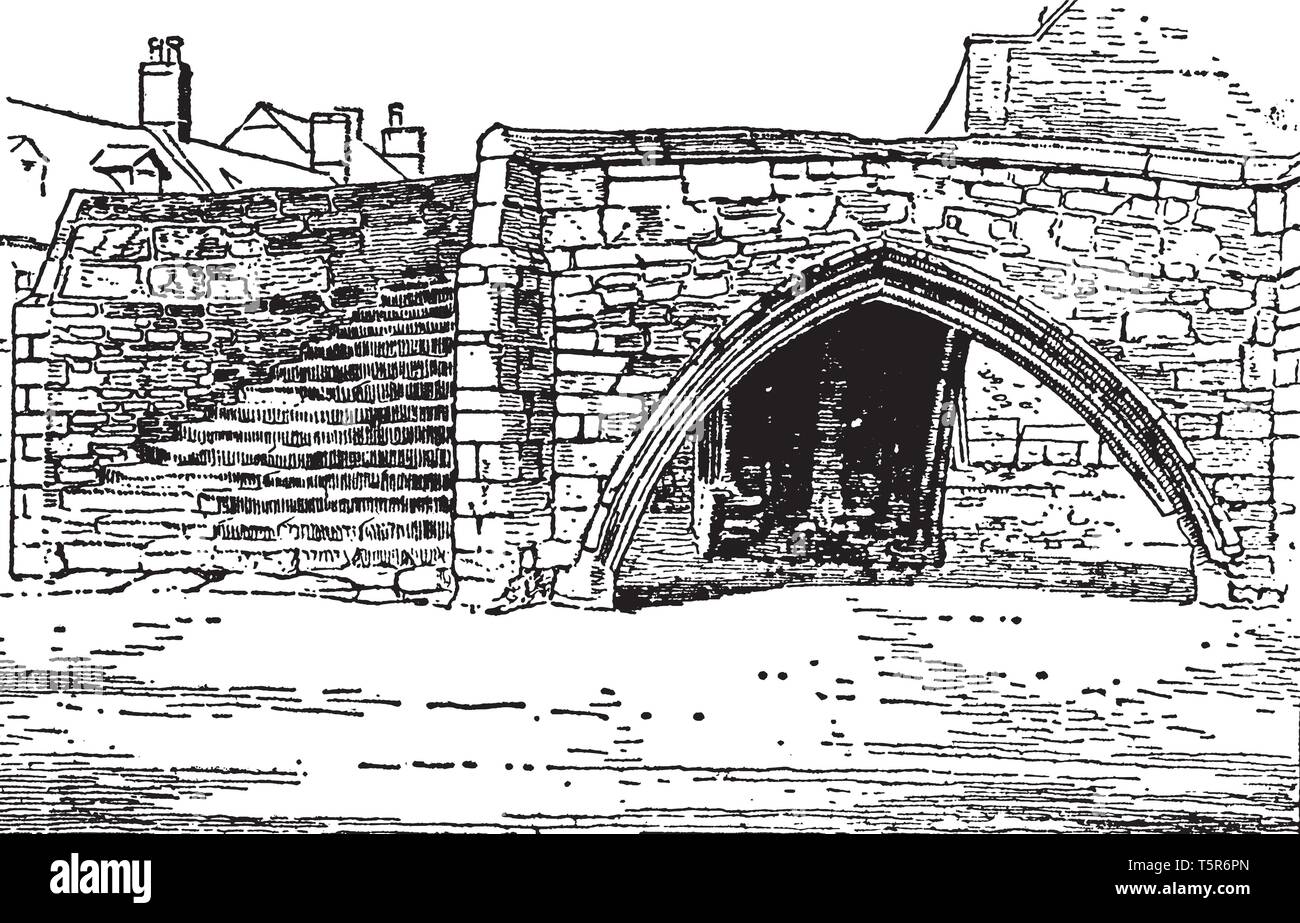 Skelmorlie Bridge è un unico modo tre archi in pietra ponte che si erge nel cuore di Crowland, vintage disegno della linea di incisione o illustrazione. Illustrazione Vettoriale