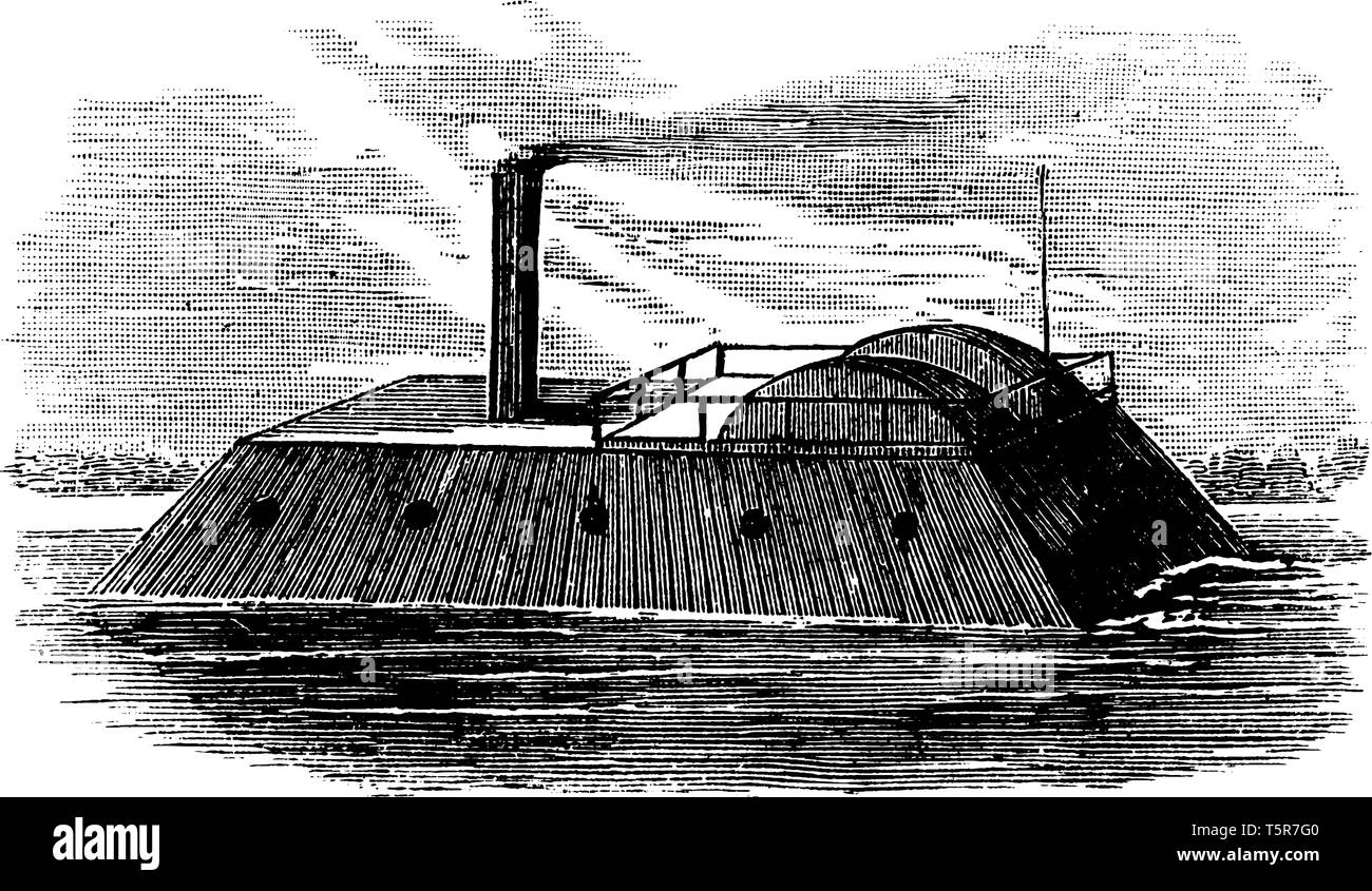 La Louisiana era un elica azionata scafo in ferro nella caldaia a vapore della marina degli Stati Uniti durante la Guerra Civile Americana, vintage disegno della linea o incisione di illu Illustrazione Vettoriale