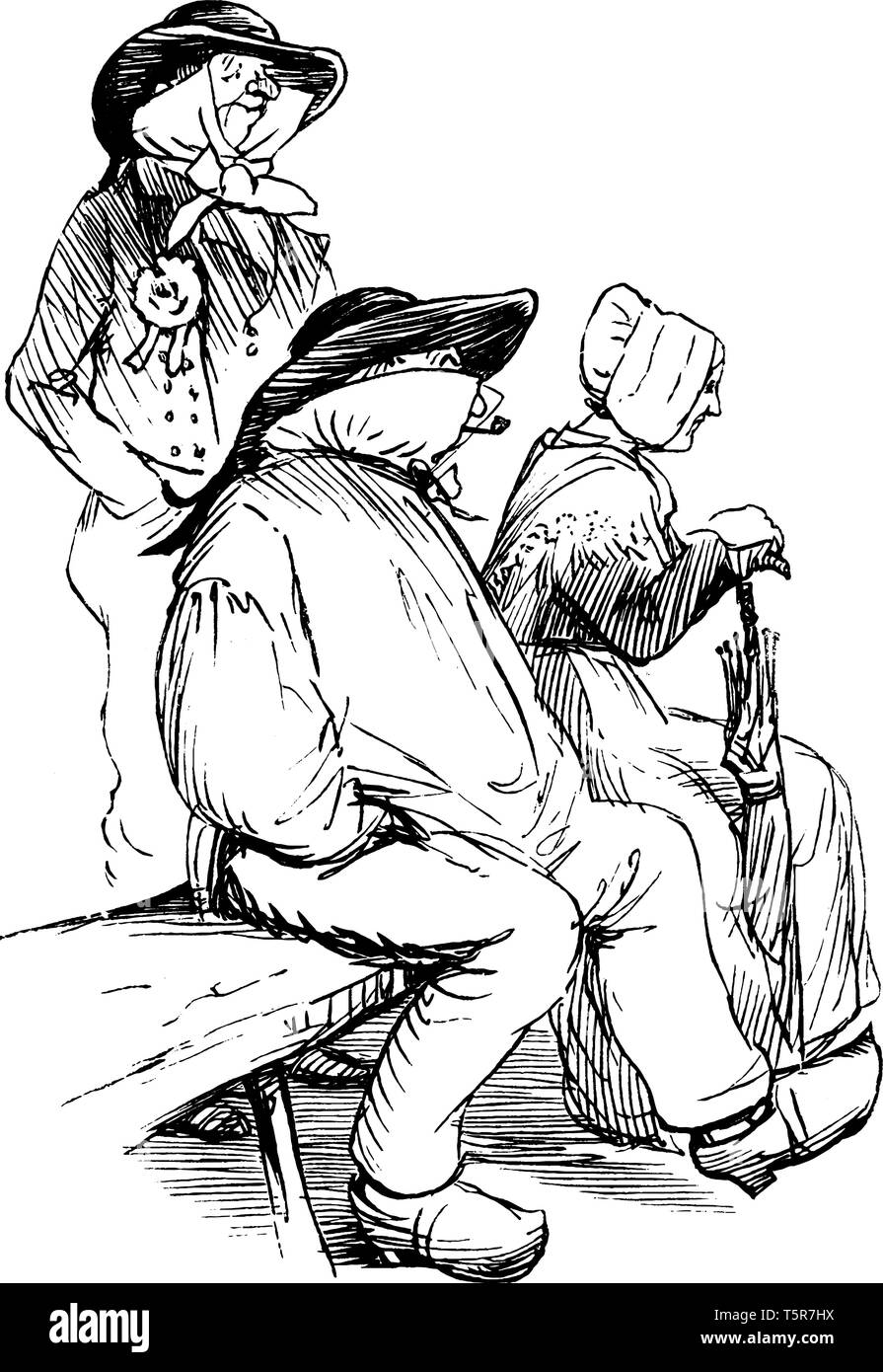 Un uomo e una donna seduta su un banco di lavoro, con un altro uomo in piedi dietro di loro, vintage disegno della linea di incisione o illustrazione Illustrazione Vettoriale