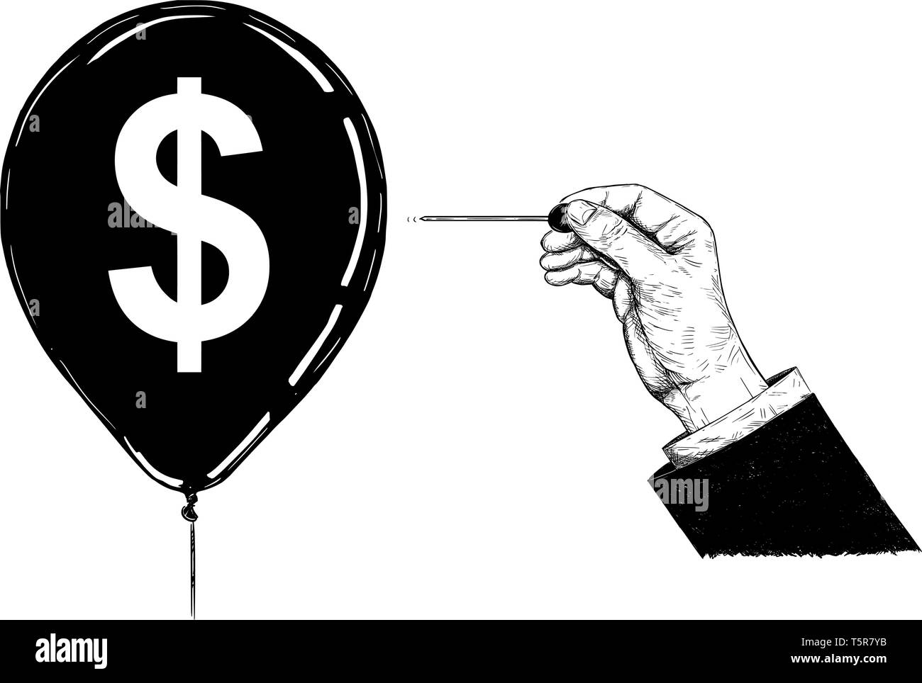 Disegno animato illustrazione concettuale della mano di imprenditore con ago o spillo popping dollar simbolo di valuta palloncino. Illustrazione Vettoriale