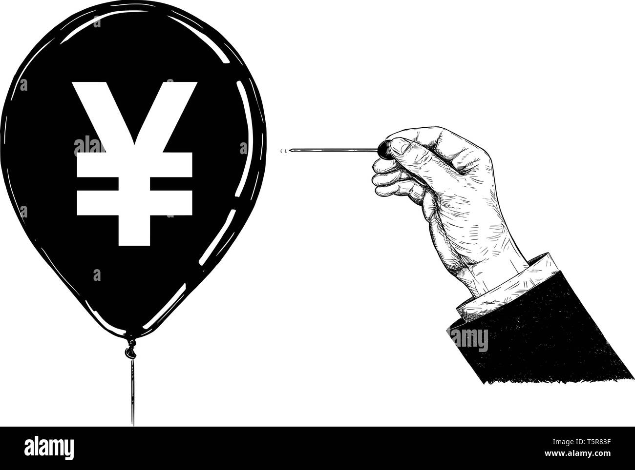 Disegno animato illustrazione concettuale della mano di imprenditore con ago o spillo popping yen giapponese o il cinese yuan il simbolo di valuta palloncino. Illustrazione Vettoriale