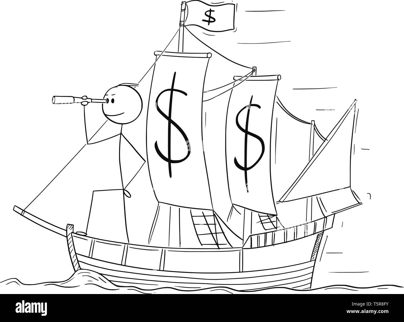 Cartoon stick figura disegno illustrazione concettuale dell'uomo o imprenditore in piedi come capitano sul ponte della barca a vela con il dollaro i simboli di valuta e guardando attraverso il cannocchiale. Concetto di attività di pianificazione e di futuro. Illustrazione Vettoriale