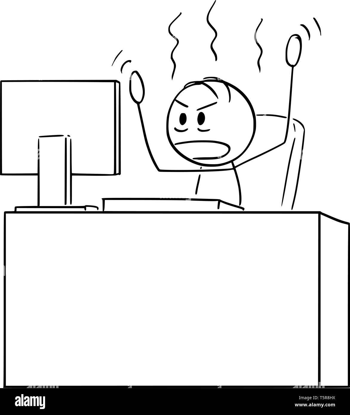 Cartoon stick figura disegno illustrazione concettuale di angry man o imprenditore lavora in ufficio il computer, ma internet o qualche programma non funziona o è collegato. Illustrazione Vettoriale