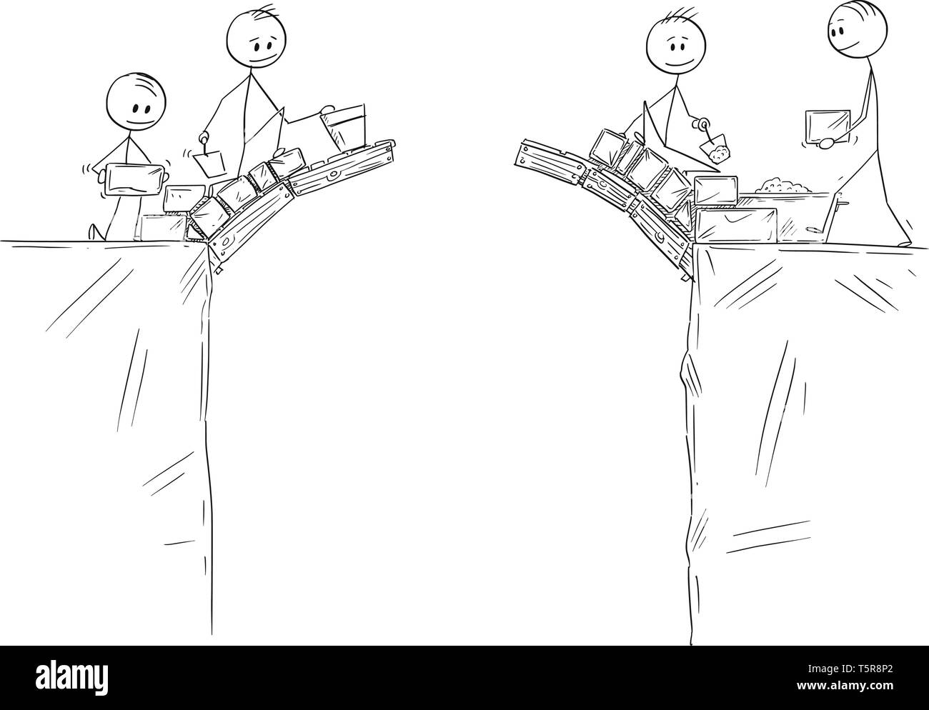 Cartoon stick figura disegno illustrazione concettuale di due gruppi di uomini o uomini di affari edificio insieme a ponte per collegare con l'altro lato. Concetto aziendale di collaborazione. Illustrazione Vettoriale