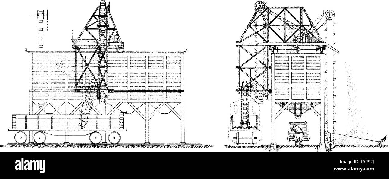 Questa immagine rappresenta lo scarico auto & impianto di magazzinaggio, vintage disegno della linea di incisione o illustrazione. Illustrazione Vettoriale