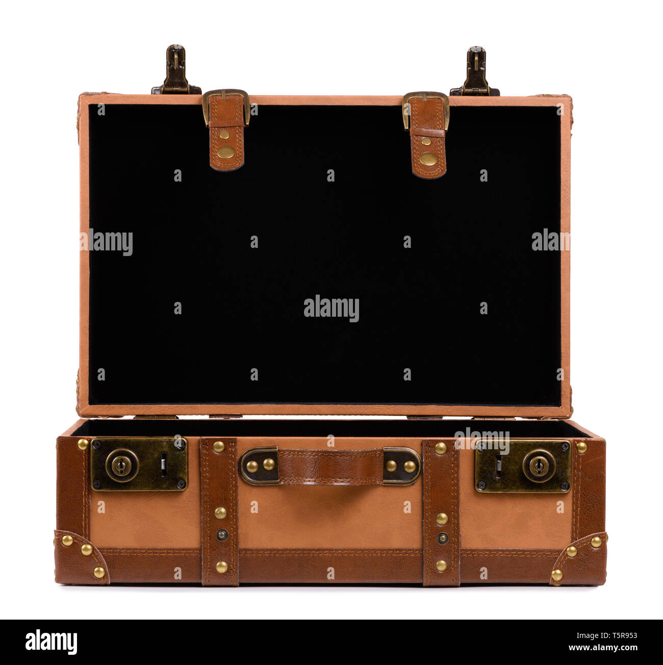Vuoto valigia aperta isolata su sfondo bianco Foto Stock