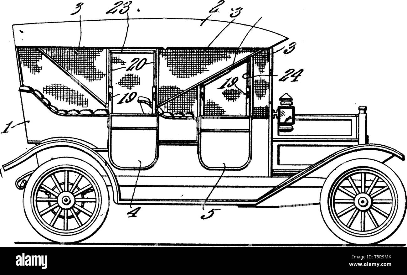 Autoveicolo è un mezzo di trasporto che trasporta persone o oggetti vintage disegno della linea di incisione o illustrazione. Illustrazione Vettoriale