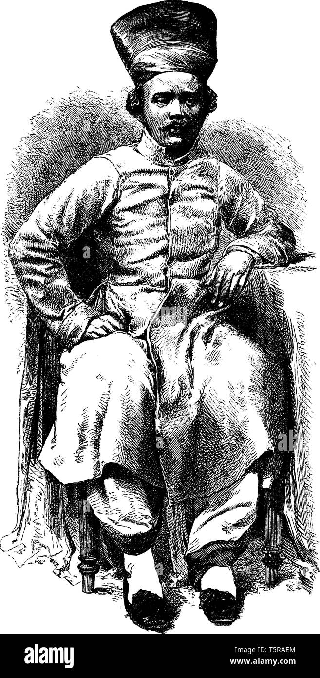 Un parsi di Bombay è un membro di una comunità zoroastriana basata principalmente nel subcontinente indiano, vintage disegno della linea di incisione o illustrazione. Illustrazione Vettoriale