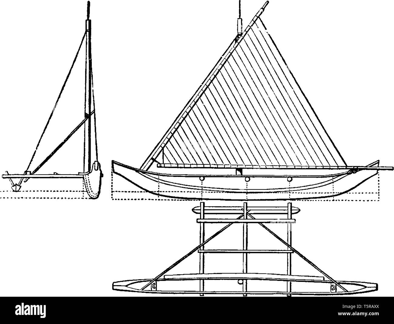 La vista in elevazione della Proa è un tipo di imbarcazione a vela con scafi multipli, vintage disegno della linea di incisione o illustrazione. Illustrazione Vettoriale