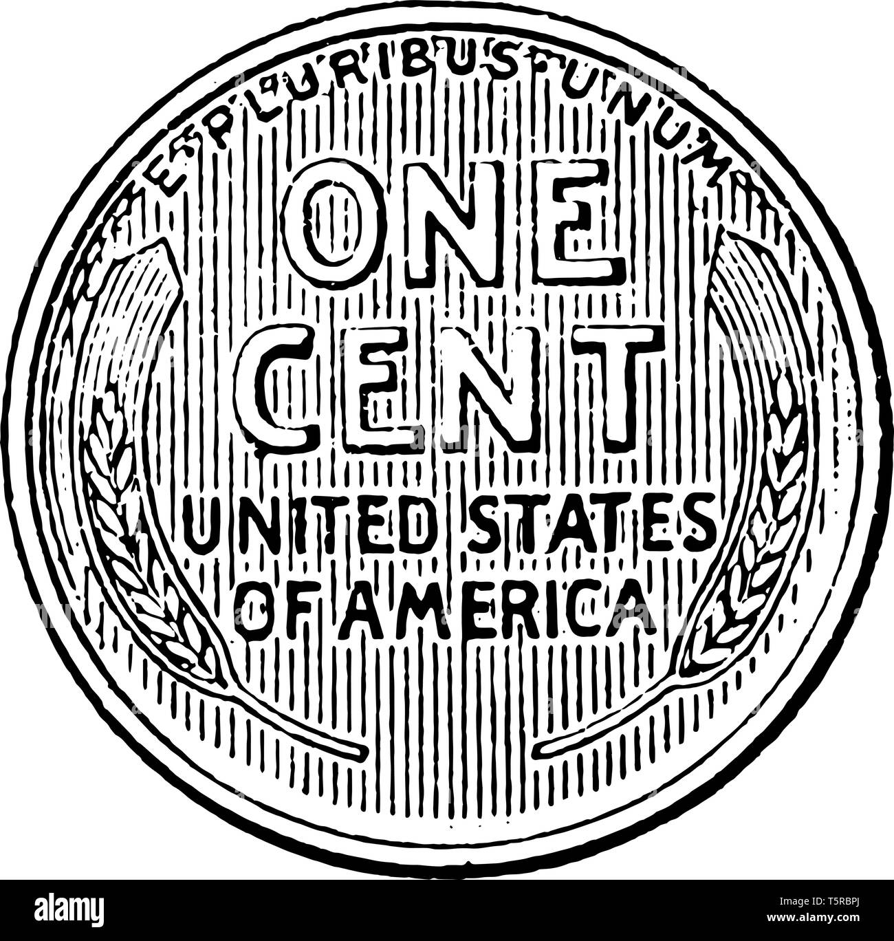 È una moneta da un centesimo di Stati Uniti d'America. In figura è illustrato il rovescio della medaglia con steli di grano, vintage disegno della linea o incisione illustratio Illustrazione Vettoriale