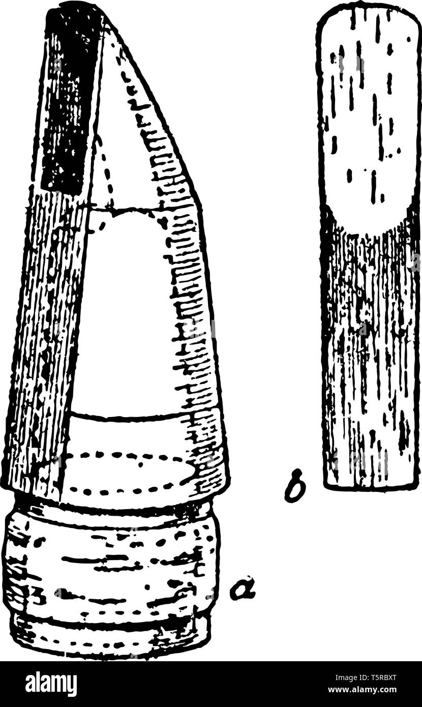 Clarinetto boccaglio con Reed viene posto in tutta nel boccaglio, vintage disegno della linea di incisione o illustrazione. Illustrazione Vettoriale