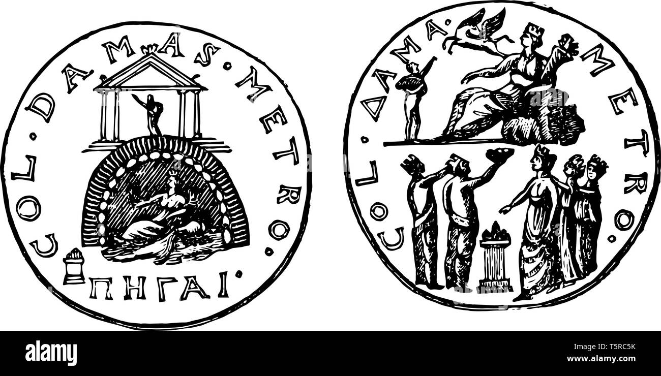 Questa immagine mostra la medaglia che mostra le città medaglia rappresentato da figure femminili e stanno offrendo frutto di una dea seduta su una roccia, linea vintage Illustrazione Vettoriale