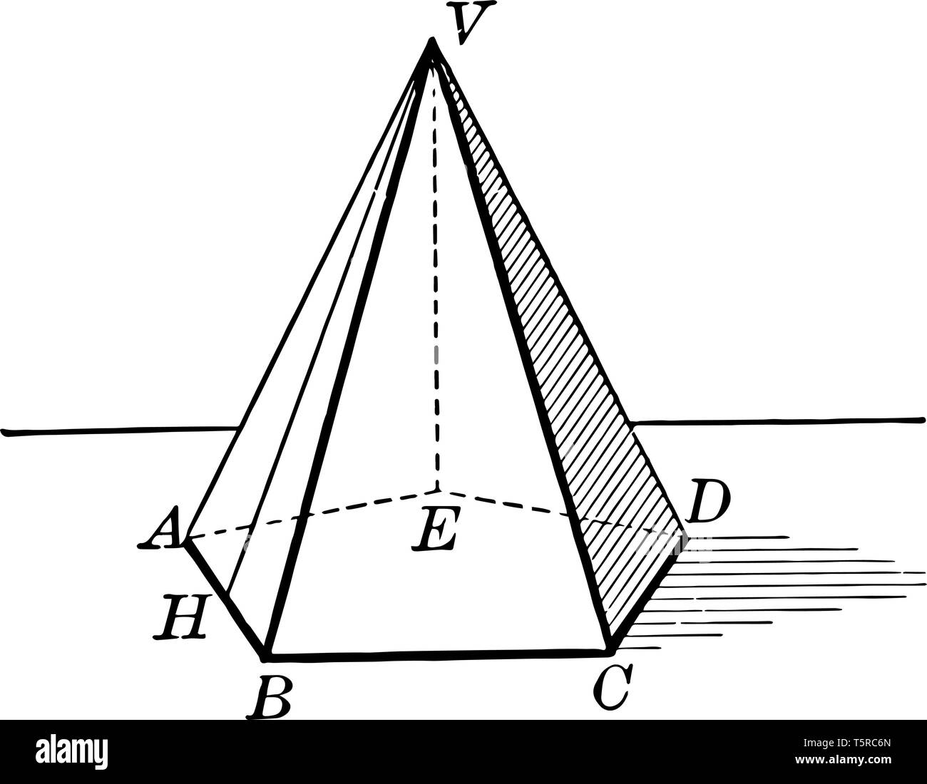 In questa immagine, il tronco di piramide pentagonale è parte di una piramide in cui una sezione tra la base e la base è la stessa, vintage disegno della linea Illustrazione Vettoriale