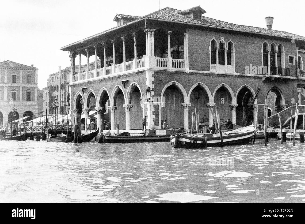 Venezia, Italia, 1980 - foto in bianco e nero - "Pescheria di Rialto': uno dei centri nevralgici del commercio nel modo più sereno e antica Repubblica di Venezia Foto Stock