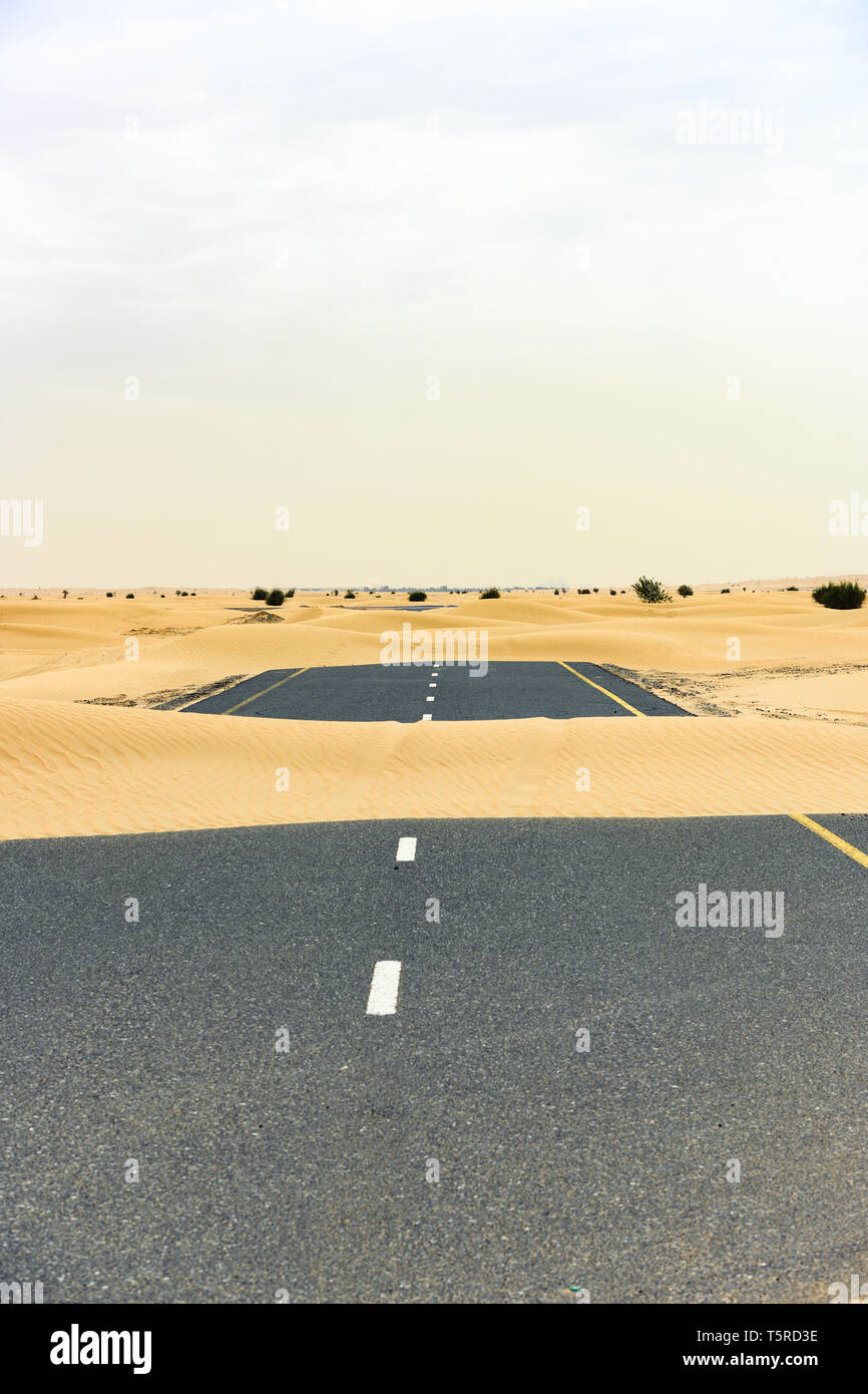 (Fuoco selettivo) vista mozzafiato di una strada deserta coperta da dune di sabbia. Empty Road che attraversa il deserto di Dubai durante il tramonto. Dubai. Foto Stock