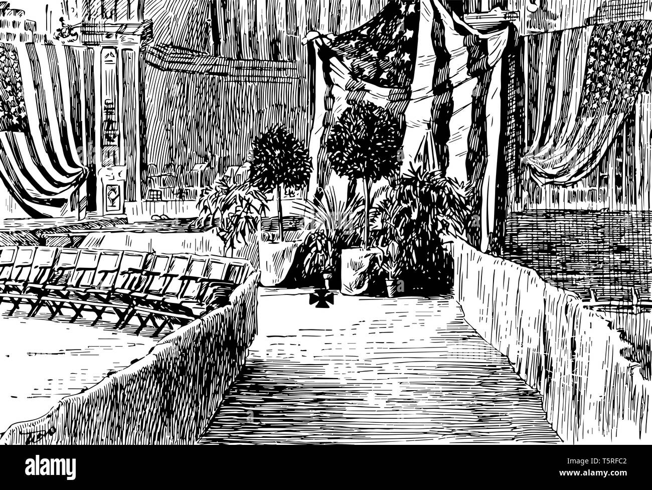 Tempio della musica dove il presidente William McKinley è stata sparare da Leon Czolgosz vintage disegno della linea. Illustrazione Vettoriale