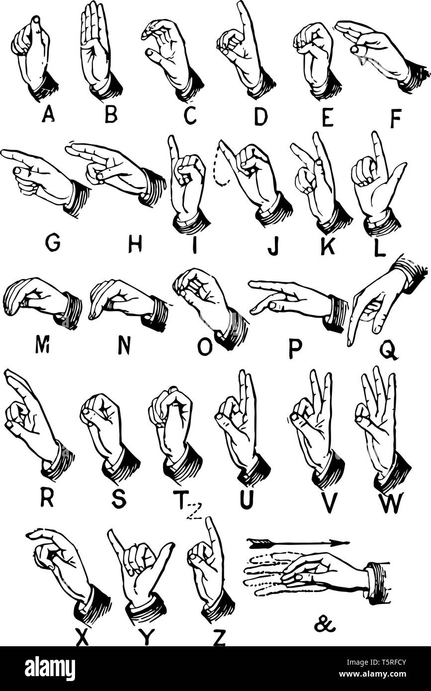 Completare alfabeto firmato che è la piena firmato lingua per i sordi o disattiva, vintage disegno della linea di incisione o illustrazione. Illustrazione Vettoriale